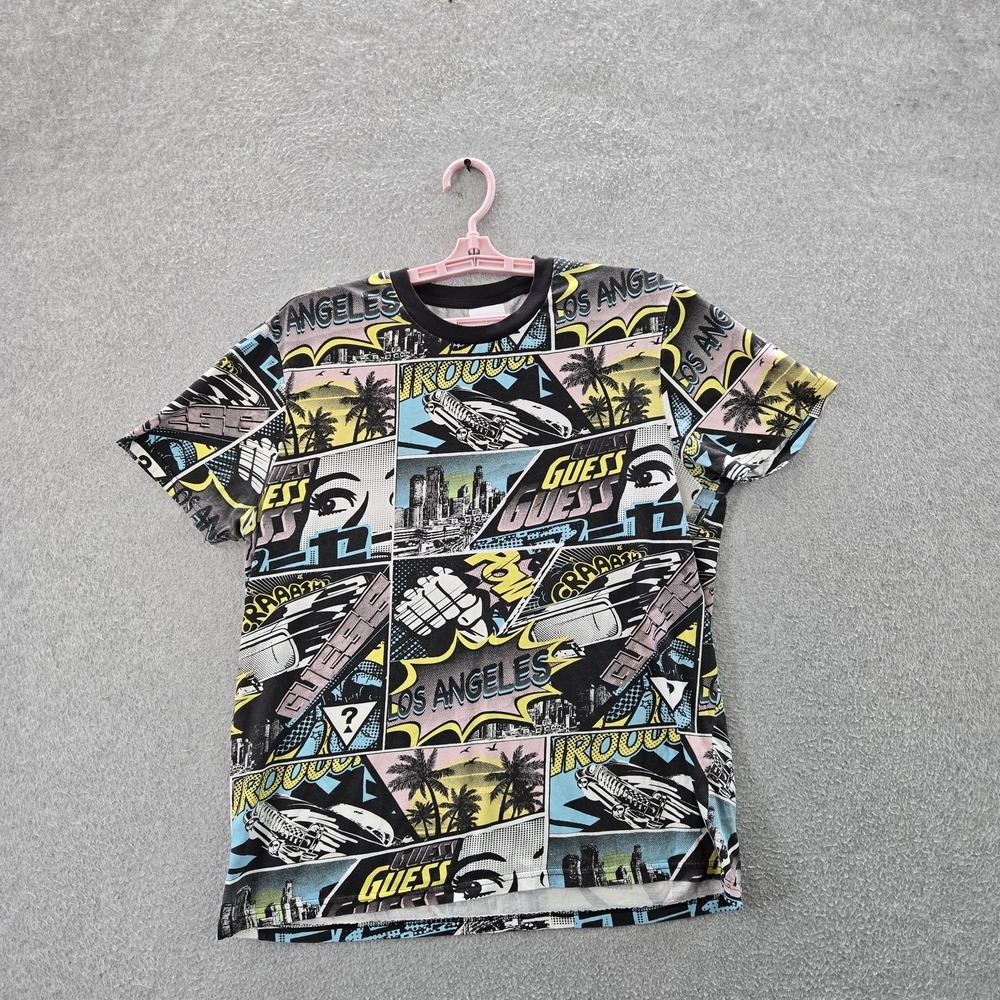 GUESS Men Shirt L Black Graphic Comic Graffiti Panels Tee Logo Short Sleeve